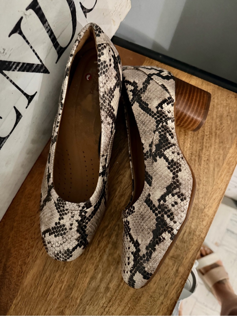Clarks Snake-Print Heeled Pumps in Beige and Black - Picture 2 of 3